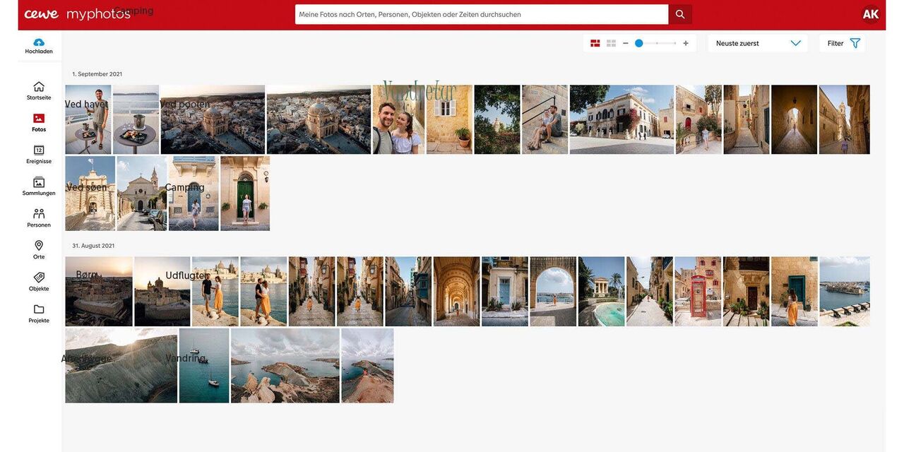 Billeder ligger i kronologisk rækkefølge i CEWE myPhotos